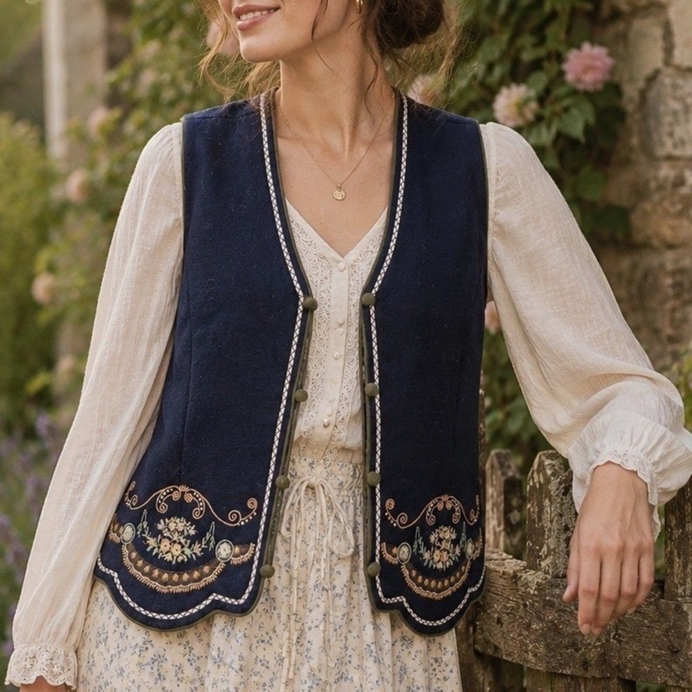 Cambridge Dry Goods Vest Womens S Navy Blue Excellent Embroidered Wool Scalloped